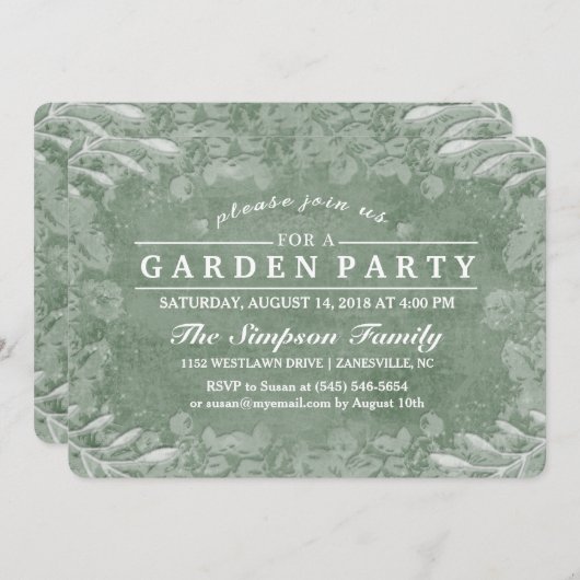 グリーン&ホワイトフローラガーデンパーティの招待状 招待状 (正面/裏面)