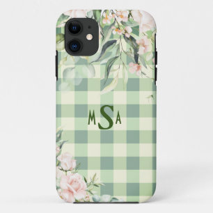 グリーン&ホワイトプレイドギンガムフローラモノグラム iPhone 11 ケース