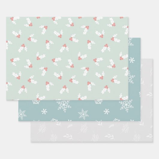 グリーン&ホワイトホリデーミスタントーハート雪フレーク ラッピングペーパーシート (セット)