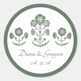 グリーン&ホワイトボタニカルブロックプリントの結婚式 ラウンドシール