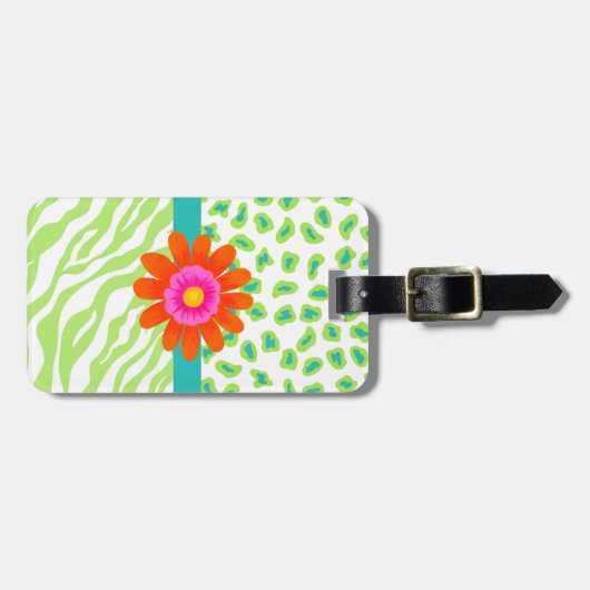 グリーン、ホワイト&ティール(緑がかった色)ゼブラ&チータオレンジフラワー ラゲッジタグ (正面横)