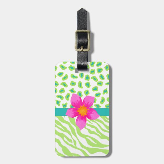 グリーン、ホワイト&ティール(緑がかった色)ゼブラ&チータピンクの花 ラゲッジタグ (正面縦)