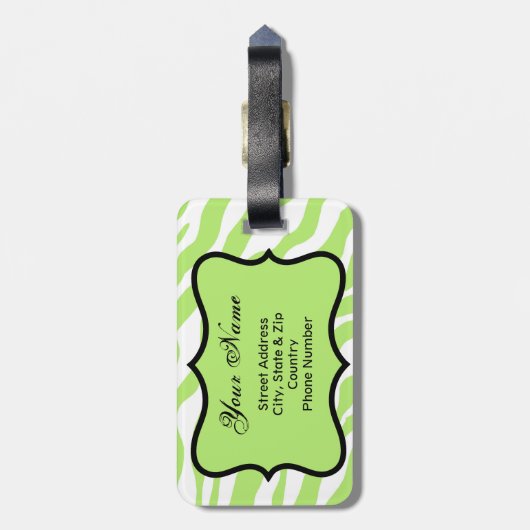 グリーン、ホワイト&ティール(緑がかった色)ゼブラ&チータピンクの花 ラゲッジタグ (裏面縦)