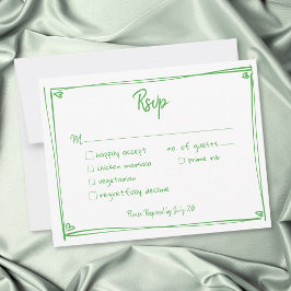 グリーン ホワイト ハンドドローンハート 遊び心のあるウェディング 出欠カード