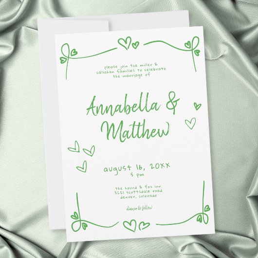 グリーン ホワイト ハンドドローンハート 遊び心のある結婚式  招待状