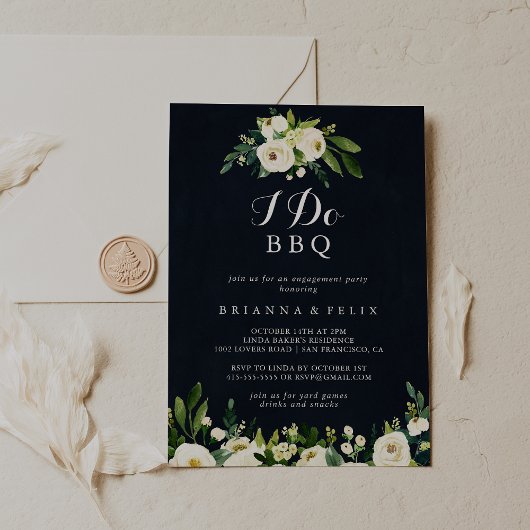 グリーン ホワイト フラワーズ ブルー 「I Do」 BBQ 婚約パーティー 招待状