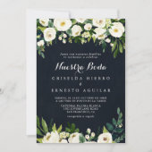 グリーン ホワイト フラワーズ ロイヤルブルー ヌエストラ ボダ ウェディング 招待状 (正面)
