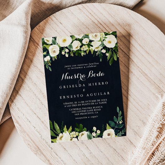 グリーン ホワイト フラワーズ ロイヤルブルー ヌエストラ ボダ ウェディング 招待状