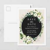 グリーン ホワイト フラワー Save The Date ポストカード (正面/裏面)