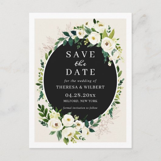 グリーン ホワイト フラワー Save The Date ポストカード (正面)