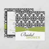 グリーン・ホワイト・ブラックのダマスク柄 ブライダルシャワー招待状 招待状 (正面/裏面)