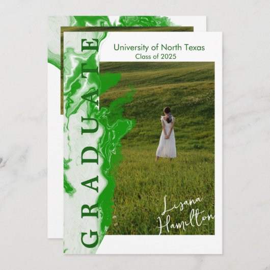 グリーン ホワイト マーブル 卒業発表 カード (正面/裏面)