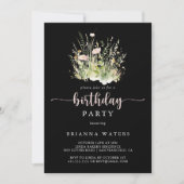 グリーン ボヘミア ワイルドフラワー ブラック バースデーパーティー 招待状 (正面)