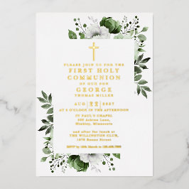 グリーン ボーホー フラワーファースト ホーリー コミュニオン ゴールド 箔招待状