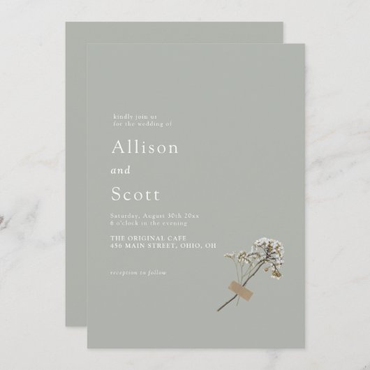 グリーン ミニマル スクリプト ハンド プレス フローラル ウェディング 招待状 (正面/裏面)