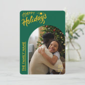 グリーン モダンスクリプト ハッピー ホリデイズ 2 枚の写真のカード シーズンカード (スタンド正面)