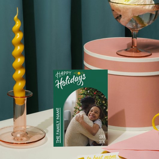 グリーン モダンスクリプト ハッピー ホリデーズ フォト カード