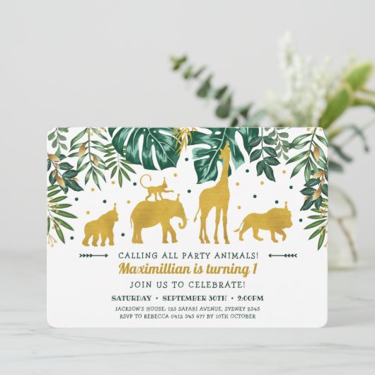 グリーン&モダン金ゴールドサファリ動物1日の誕生日 招待状 (スタンド正面)