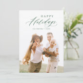 グリーン モダン スクリプト ハッピー ホリデー 家族 フォト シーズンカード (スタンド正面)
