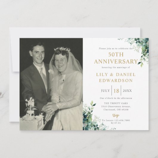 グリーン モノグラム 写真 50周年 結婚記念日 招待状 (正面)