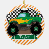 グリーン・モンスタ市松模様にートラック旗;オレンジストライプ色 セラミックオーナメント (裏面)