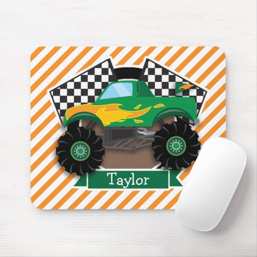 グリーン・モンスタ市松模様にートラック旗;オレンジストライプ色 マウスパッド (マウス)