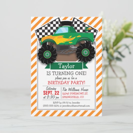 グリーン・モンスタ市松模様にートラック旗;オレンジストライプ色 招待状 (スタンド正面)