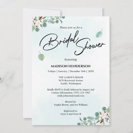 グリーン ユーカリとコットンフラワーのブライズシャワー 招待状 (正面)