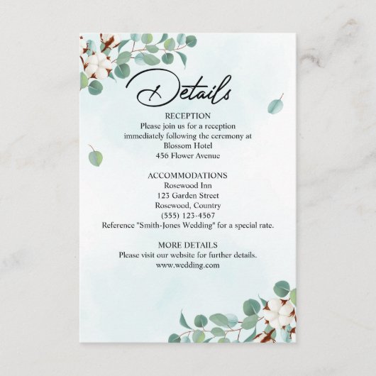 グリーン ユーカリとコットンフラワーズ ウェディング エンクロージャーカード (正面)