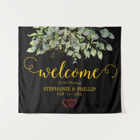 グリーン ユーカリの葉の結婚式 黒 タペストリー (正面(横))