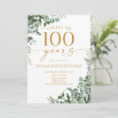 グリーン ユーカリ ゴールド 100歳 誕生日パーティー 招待状 (スタンド正面)