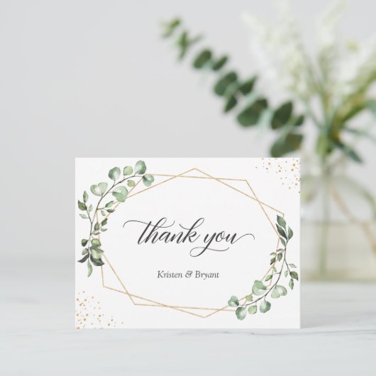 グリーン ユーカリ ジオメトリック ゴールドフレーム ありがとうございます ポストカード (スタンド正面)