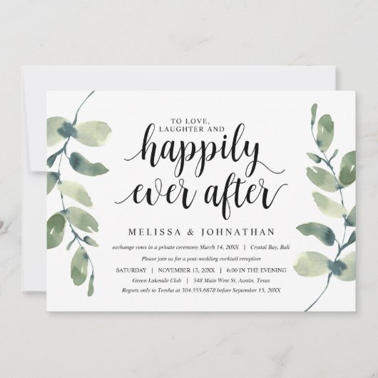 グリーン ユーカリ, ブラック インク, ウェディング エルオープメント 招待状 (正面)