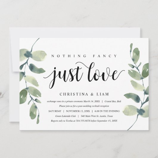 グリーン ユーカリ, ブラック インク, ウェディング エルオープメント 招待状 (正面)