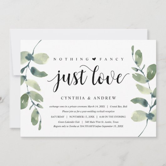 グリーン ユーカリ, ブラック インク, ウェディング エルオープメント 招待状 (正面)