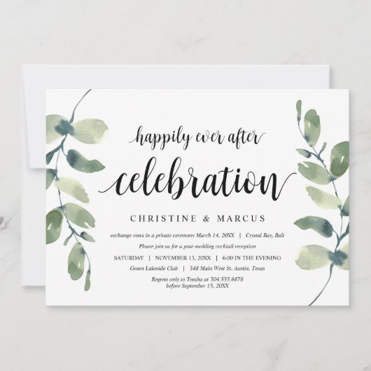 グリーン ユーカリ, ブラック, ウェディング エルオープメント 招待状 (正面)