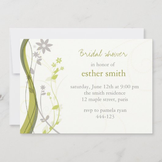 グリーン&ライトグレーのフローラチャームの招待 招待状 (正面)