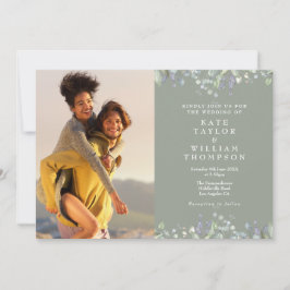 グリーン・ライラックの花と深緑の2枚の写真の結婚式 招待状