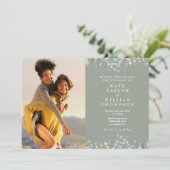 グリーン・ライラックの花と深緑の2枚の写真の結婚式 招待状 (スタンド正面)