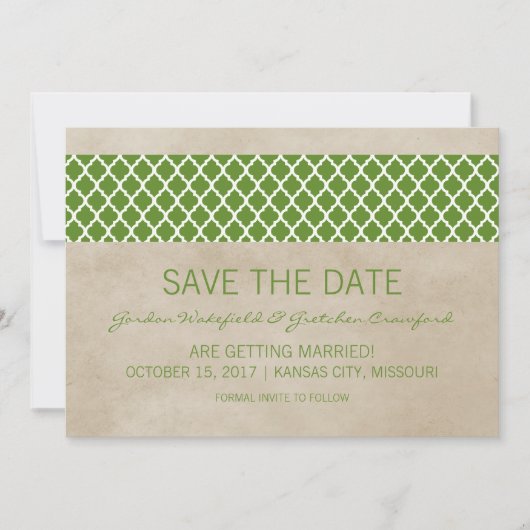 グリーン ラスティック クワトロフォイル Save the Date 招待状 (正面)