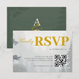 グリーン・ラスティック・フォレスト・ウォーターカラーQR結婚式RSVP 出欠カード