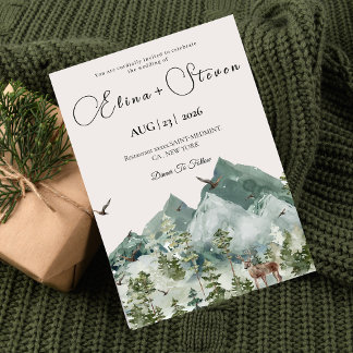 グリーン ラスティック マウンテン フォレスト 水彩 結婚式 招待状
