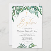 グリーン ラスティック ユーカリ フェイク ゴールド 洗礼 招待状 (正面)