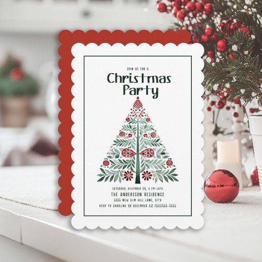 グリーン+レッドのクリスマスツリーの波型パーティー 招待状