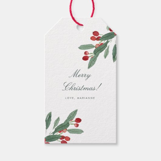 グリーン&レッドの葉と実の水彩画 ホリデー ギフトタグ (正面)