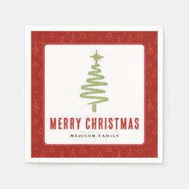 グリーン&レッドクリスマスツリーウィンターファミリーホリデー スタンダードカクテルナプキン