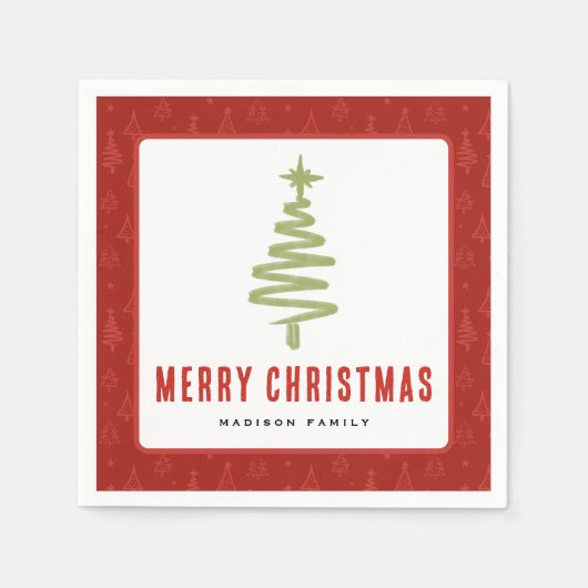 グリーン&レッドクリスマスツリーウィンターファミリーホリデー スタンダードカクテルナプキン (正面)