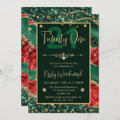 グリーン&レッドグリッタークリスマスアゲート誕生日パーティー 招待状 (正面/裏面)