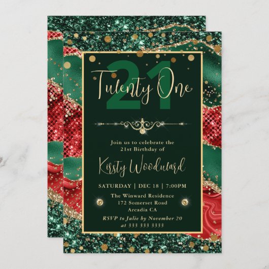 グリーン&レッドグリッタークリスマスアゲート誕生日パーティー 招待状 (正面/裏面)