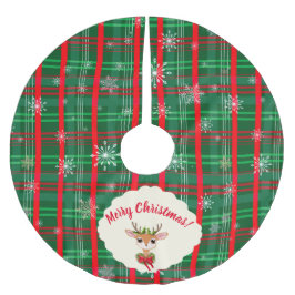 グリーン&レッドプレイドスノーフレークヴィンテージトナカイ ブラッシュドポリエステルツリースカート